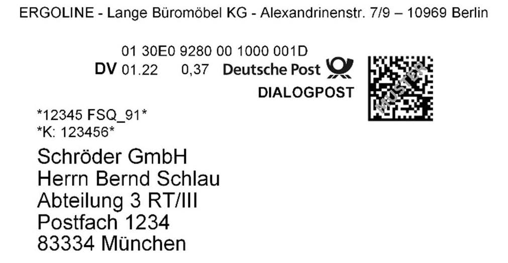 Muster Adressblock mit DV-Freimachung
